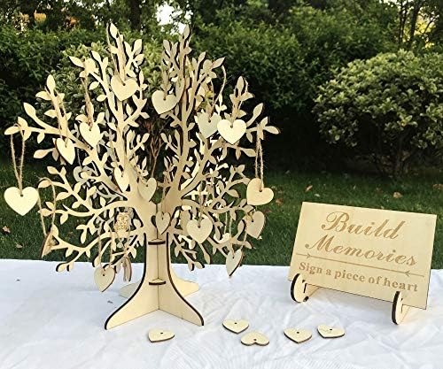 AQANATURE | Signature Guest Books | Wood Tree Wedding Guest Book 3D Tree Guest Book Wishing Tree Wooden Hearts Pendant Drop Ornaments for Wedding Party Decoration