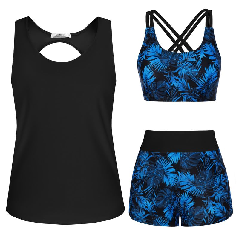 JASAMBAC 3 Piece Tankini Women's Tummy Control Push Up Bikini Top and High Waist Swim Shorts Simple Swimwear Women's Sports Swimsuit Swimwear for Swimming Pool Beach