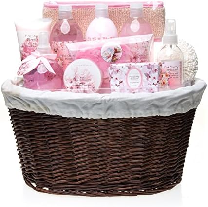 Scented Secrets Lined Wicker Basket Bath Gift Set, Cherry Blossom, 11-Piece