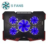 Laptop Cooling Pad BUJIAN 5 Ultra Quiet Fans and Red Led Lights with 13 wind speed (2600-5000RPM) and Ultra-slim and Skid Proof Design for 12-15.6 Inch Laptop (S-X5)