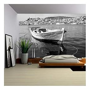 View of Poros Island, Greece and Boat in Black and White - Removable Wall Mural | Self-Adhesive Large Wallpaper - 66x96 inches