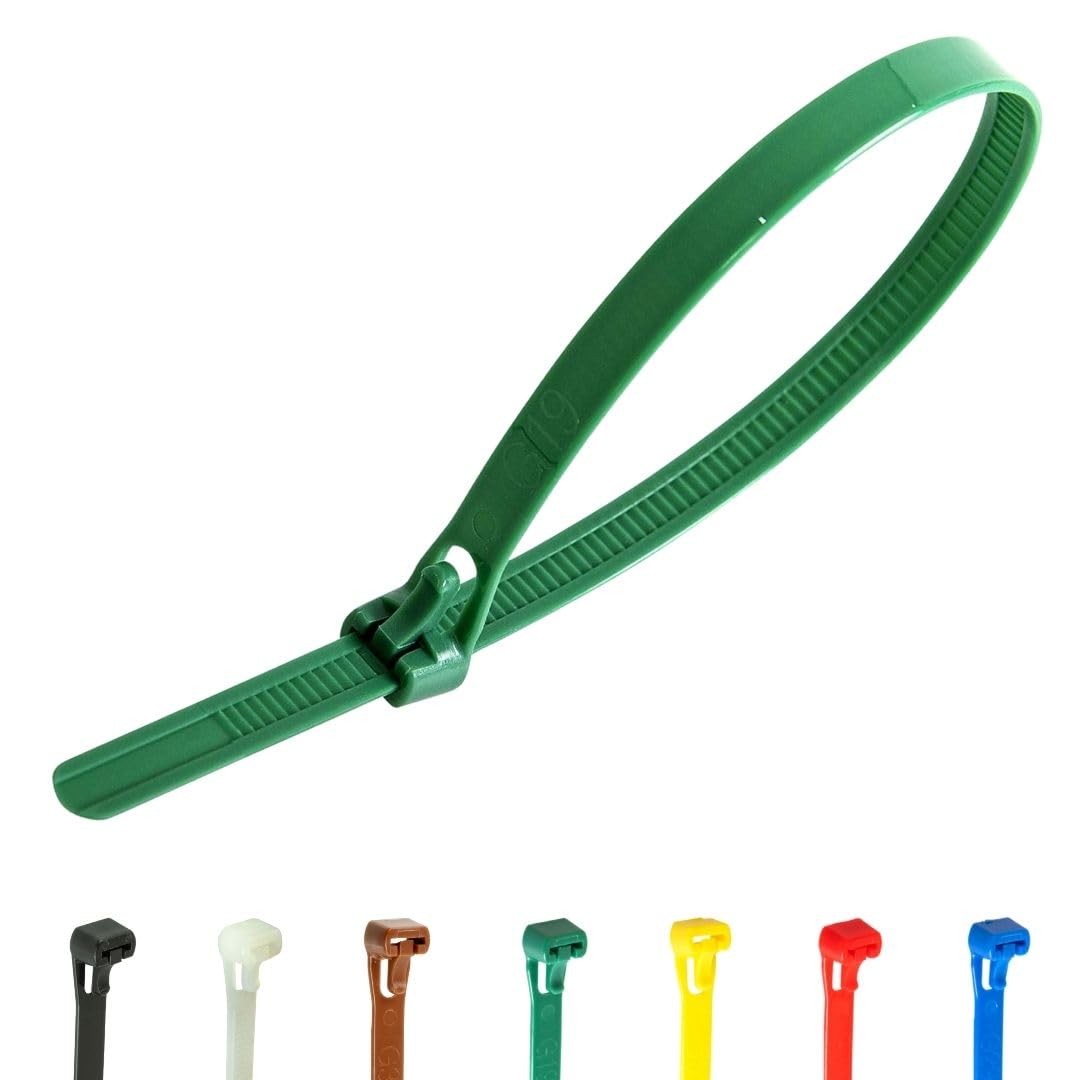 Gocableties 100 Pack of 250mm x 7.6mm Reusable Cable Ties, Heavy Duty Green Releasable Cable Ties, 10" Premium Tie Wraps, Strong Nylon Zip Ties