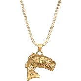 Dreuyet Large Mouth Bass Fish Necklace for Men Women Stainless Steel Vintage Jumping Fish Bass Pendant Fisherman Necklace Jeweley