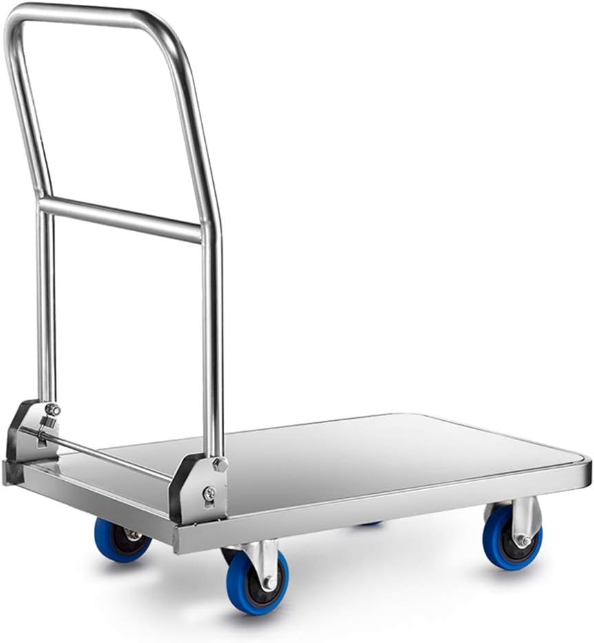 Folding Flatbed Stainless Steel Trolley Thickened Bottom Trolley Warehouse Handling Hotel Luggage Trolley Bearing Weight 100kg~200kg Household Items (Color : SILVER, Size : 90CM)