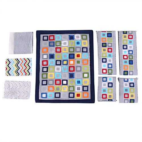 Wowelife Baby Crib Bedding Sets for Boys Blue 8 Piece Square Geometry Nursery Bedding Set for Baby with Bumpers(Blue Lattice-8 Piece)