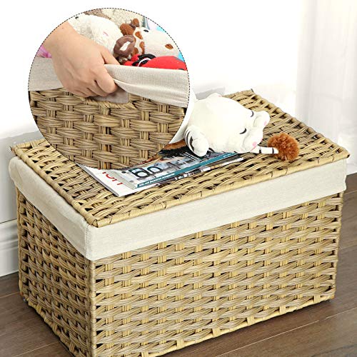 SONGMICS Storage Basket with Lid, RattanStyle Storage Trunk with Cotton Liner and Handles, for