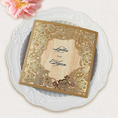 Doris Home Gold Square Laser Cut Wedding Invitation Cards Kits with Embossed Hollow Floral Favors Bridal Shower Engagement Birthday Baby Shower Quinceanera Graduation Cardstock,50