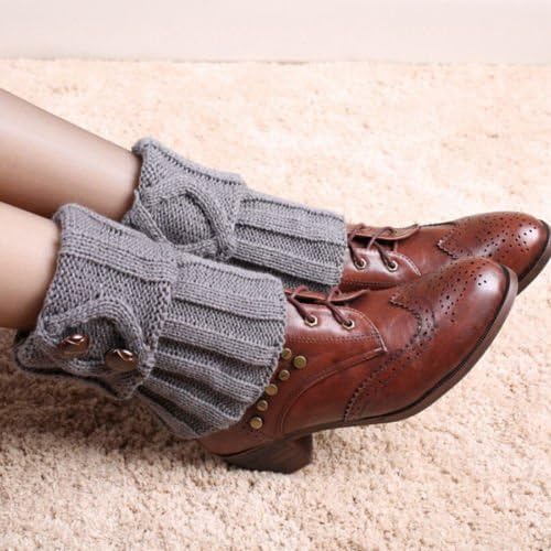 MACRHEE--Women Winter Leg Warmers Socks Button Crochet Knit Boot Socks Toppers Cuffs (grey)