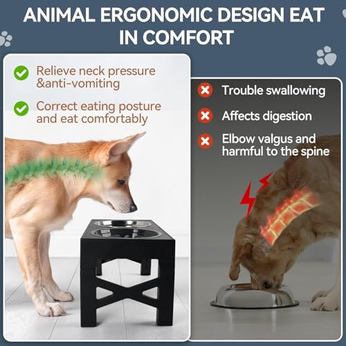 Beauenty Elevated Dog Bowl,5 Height Adjustable Elevated Slow Feeding Dog Bowl,With Anti Slip Feet,With 2 Stainless Steel Bowls And 1 Slow Feeding Dogs Bowl,For Small/Medium/Large Dogs Cats(Black)