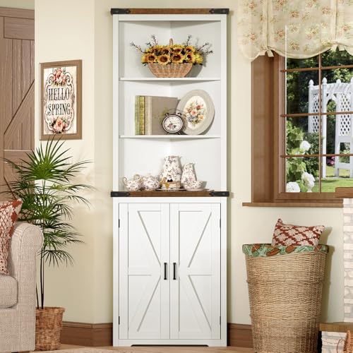 TEENFON Farmhouse Corner Cabinet, 70" H Tall Corner Hutch with 5 Shelves & 2 Barn Doors, Bathroom Cabinet with Adjustable Shelf, for Living Room, Kitchen, Bathroom, White