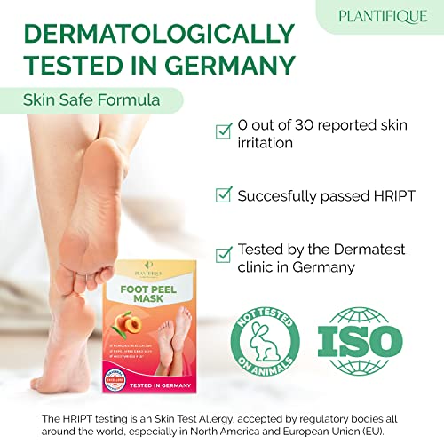 Plantifique Foot Peel Mask – 2 Pairs Exfoliating & Dermatologically Tested Foot Treatment, Removes Dead Skin & Repairs Heels for Soft Feet – Peach Scent, Gift for Women & Men