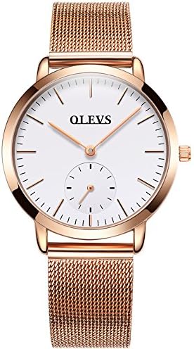 OLVES Men Women Mesh Strap Watchs Top Brand Luxury Thin Fashion Clock Stainless Steel Quartz Wristwatches Rosegold Band &amp; White Dial for Woman