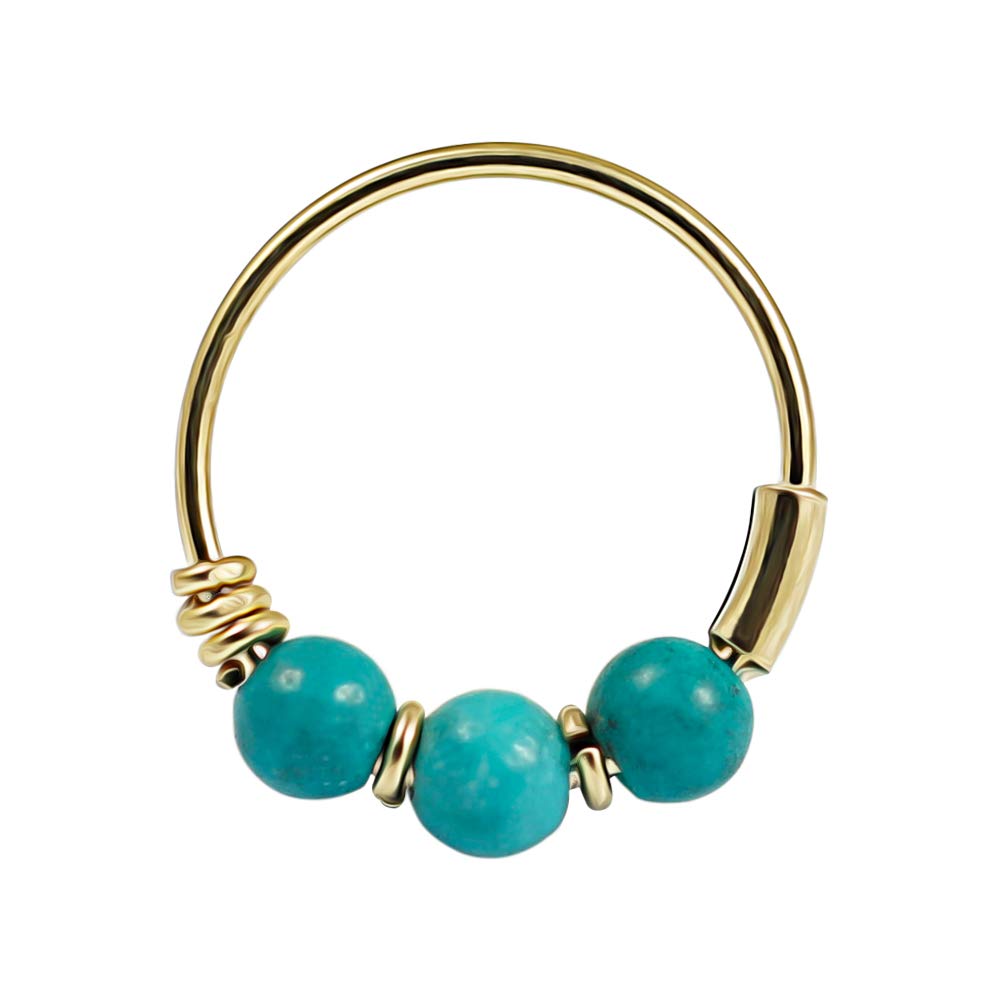 AZARIO LONDON 9K Solid Yellow Gold Triple Turquoise Bead 22 Gauge Hoop Nose Ring Nose Piercing Jewellery
