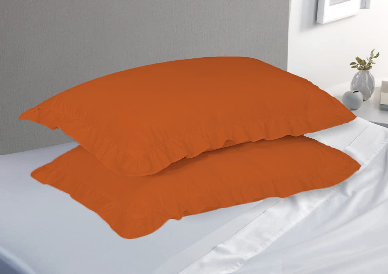 Luxury Frilled Pillow Cases Pair Decorative Ruffle Edge Pillowcase 2 Pack (Orange)