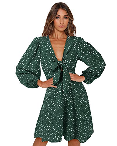 LANISEN Babydoll Dresses for Women, Casual Long Puff Sleeve Tie Knot Front V Neck Polka Dot Dress Loose Swing Above Knee Length Tunic T Shirt Midi Dress Green S