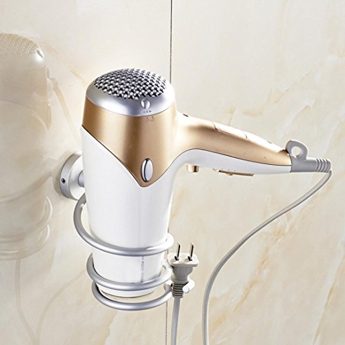 AutumnFall Aluminum Wall Mount Spring Style Hair Dryer Holder Rack Hair Drier Storage Organizer, Hair Blower Holder with Plug Hook (Silver)