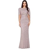 Betsy & Adam Womens Long Glitter Cape Sleeve Dress with Draped Neckline and Hidden Back Zipper