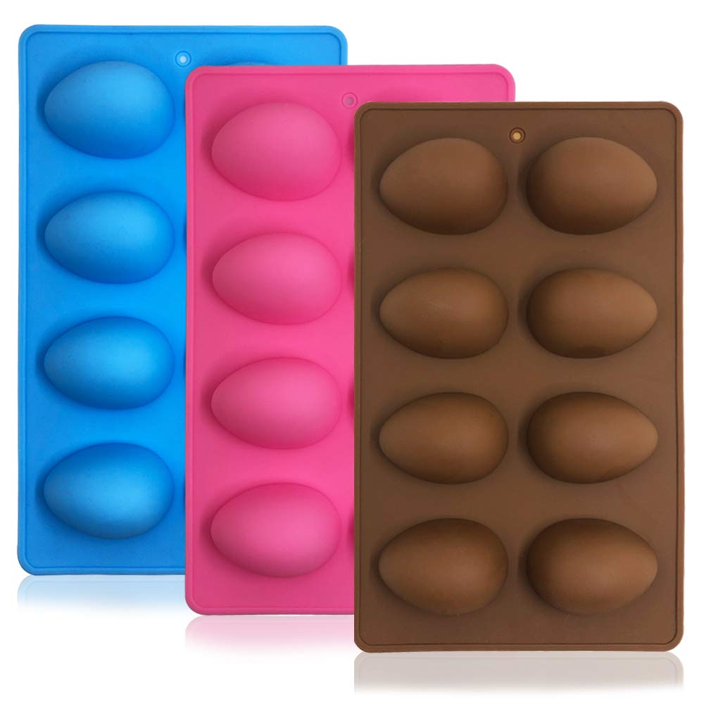 SENHAI 3 Pcs Egg Shape Silicone Molds, 8-Cavity Baking Mold for Chocolate, Pastry, Cake, Muffin, Bread, Ice Cube, Soap - Pink, Blue, Brown