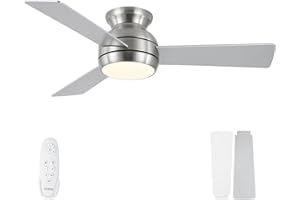 POCHFAN 42 Inch Ceiling Fans with Lights Flush Mount, Low Profile Ceiling Fan with Remote, Quiet Motor, Dimmable 6 Speeds Reversible LED Modern Ceiling Fan for Bedroom, Living Room, Brushed Nickel