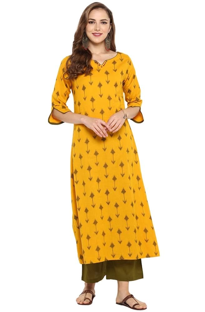 janasya women's cotton printed a-line kurta with straight pant