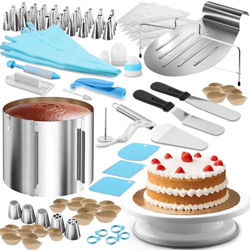 4smile Torten-Zubehör-Set 144 Teile - Tortenring verstellbar hoch 20 cm + Tortenschneider + Tortenheber + Streichwerkzeug + Tortenplatte drehbar + XXL