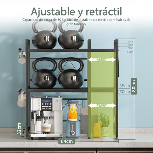 NETEL Extendable 3 Tier Microwave Stand, Adjustable Countertop Microwave Shelf, Kitchen Countertop, Microwave Organizer with Cup Holder and 8 Hooks, Black