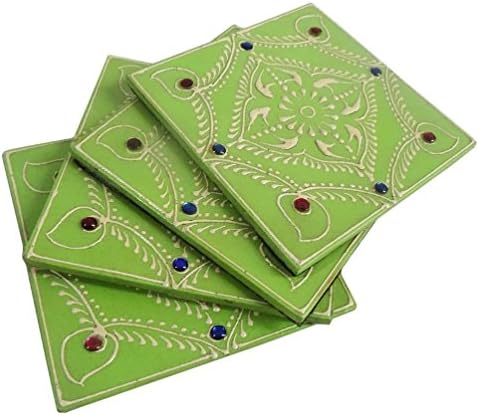 Indian Home Decor Coaster Set of 4 Pcs Decorative Handmade Painted Table Decor Desktop Green Coaster Gift
