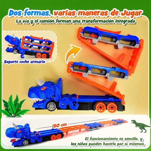 NEOROSVIKA Dinosaurios de Juguetes, Camión de Juguete de Dinosaurios con 12 Coches, Carritos Juguetes para Niño, Pista Doble Plegable, Regalo para Niños y Niñas (Azul)