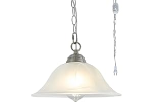 SHENGQINGTOP Plug in Pendant Light Alabaster Glass Shade 15.7" D Hanging Lamp with On/Off Switch,16.4Ft Cord & 14.7Ft Chain Dimmable Brushed Nickel Swag Light Fixture for Kitchen Sink Bar Nook