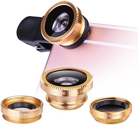 eHizon Universal 3 in 1 Cell Phone Camera Lens Kit , 180°Fish Eye Lens + 0.67X Wide Angle+ 10X Macro Lens+ Universal Clip for iPhone7 7s 6 6s plus 5 5s 5c 4s ipad Samsung HTC Android (Gold)