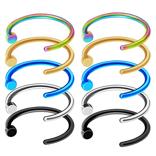 cnomg 20 Pcs Nose Rings Assorted Stainless Steel Nose Open Hoop Ring Body Nose Earring Lip Ring Piercing Various Unisex Value Pack 5 Mixed Colors 10 MM - Thumbnail 6