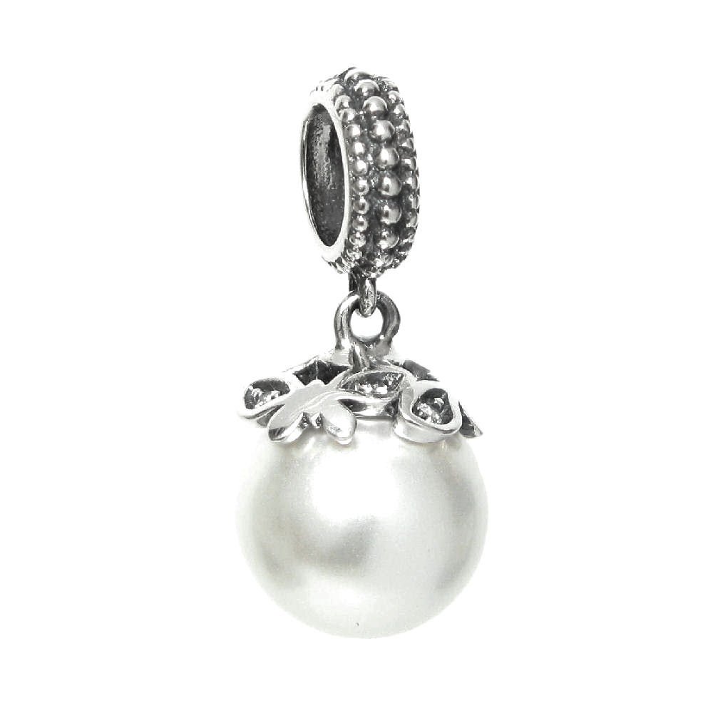 Queenberry Sterling Silver White Simulated Seashell Pearl Dangle Pendant Bead for European Charm Bracelets