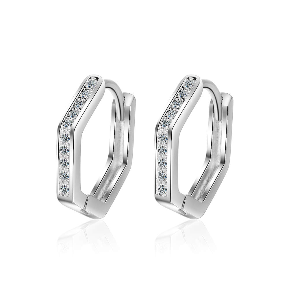 Sterling Silver Cubic Zirconia Hexagon Huggie Hoop Earrings for Women Girls Jewellery Gift