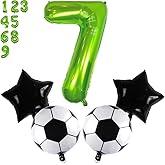 DIWULI 5pc Soccer Party Balloons - Green Number 7, Soccer Balls, Stars - 7th Birthday Party Supplies