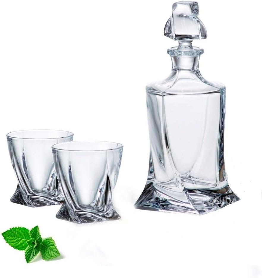 Bohemia Quadro Crystal Glass Decanter 850ml Set with 2 Matching Quadro
