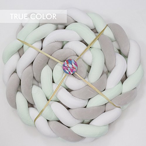 LOAOL Baby Crib Bumper Knotted Braided Plush Nursery Cradle Decor Newborn Gift Pillow Cushion Junior Bed Sleep Bumper (4 Meters, White-Gray-Green)
