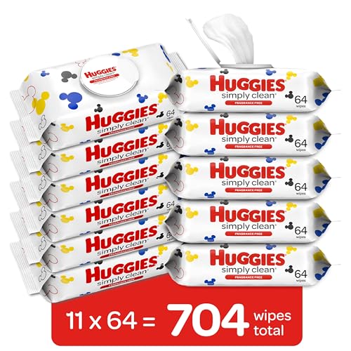 HUGGIES SIMPLY CLEAN UNSCENTED BABY DIAPER WIPES, 11 FLIP-TOP PACKS (704 WIPES TOTAL), PACKAGING MAY VARY