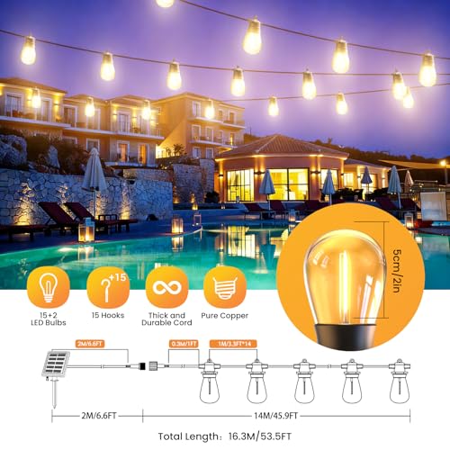 Quntis 16M Guirnalda Luces Exterior Solar & USB-C, 16 LEDs Bombillas Cadena Solares Exterior con Control Remoto, Impermeable IP65 Luz Solares Decorativas para Jardín, Terraza, Patio, Boda, Navidad