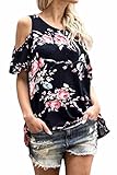 Chase Secret Womens Cold shoulder Floral Print With Ruffle Sleeve Blouse Casual Tops T Shirt XX-Large Black