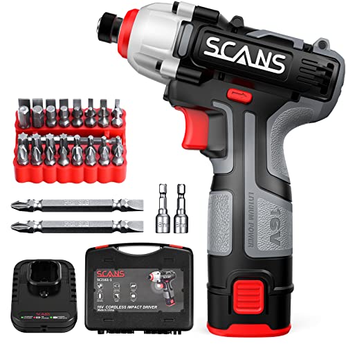 Cordless Impact Driver, 16V Brushless Impact Drill with 1/4” Hex Chuck, 2650RPM Variable Speed, LED Light, SCANS Impact Drill Set with 2.0Ah Battery/Charge, 37 Pcs Accessories, Tool Box, SC2161-1