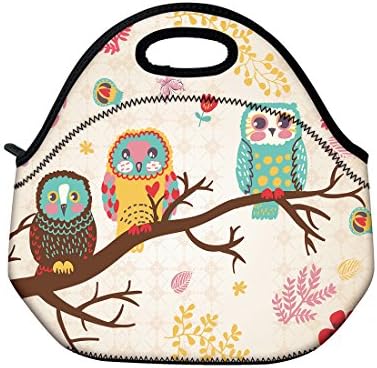 Insulated Neoprene Lunch Bag for Women Mydours Travel Picnic Men Portable Lunch Tote Bag Waterproof and Reusable Zipper Handbag Holder Double Sided (Owl)