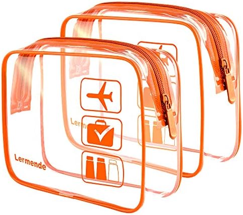 2pcs/pack Lermende Clear Toiletry Bag TSA Approved Travel Carry On Airport Airline Quart Sized 3-1-1 Compliant Bag Make-up Pouch Kit (Orange)