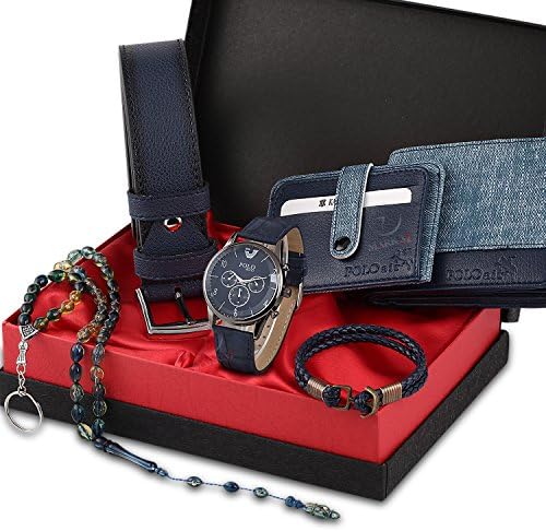 POLO Men's Accesories Set Including Wrist Watch - Belt - Wallet - Credit Card Holder - Key Chain - Bracelet - Bead Rosary