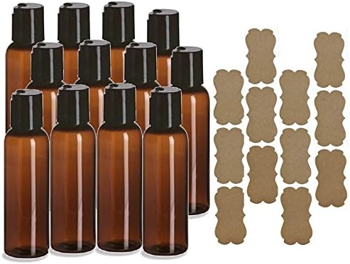 SanDaveVA Brand 2oz Plastic Bottles AMBER PET Qty 12 w/ Smooth Black Disc Top Cap and Kraft Labels 60ml BPA Free