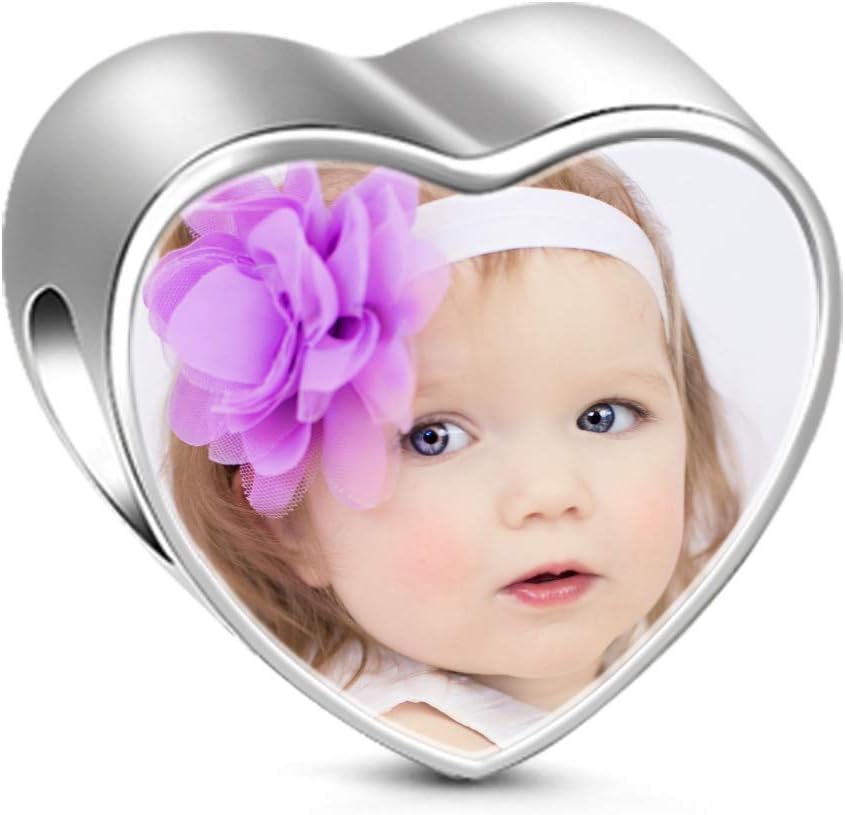Customised Photo Charm Bead Sterling Silver "Always in My Heart" Adorable Heart Shape Engravable Personalized Charm fit Bracelets Necklaces Gift to Friends Families and Pets