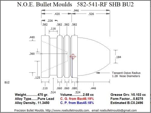 NOE Bullet Moulds Bullet Mold 4 Cavity Aluminum .582 caliber Hollow Base 541gr bullet with a Round/Flat nose profile type. Round flat prof