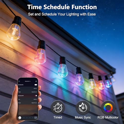 Outdoor String Lights 150FT, RGB+IC Outside Light Dimmable Shatterproof LED Bulbs, IP67 Waterproof Chasing Effect Lighting DreamColor Patio Strip Lights for Backyard, Balcony Outdoor Living