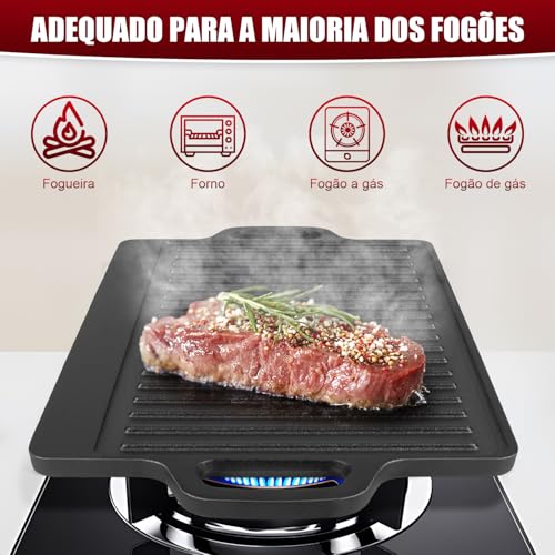 45 x 23 cm Chapa Grill para Fogão e Indução, Dupla Face Retangular, Chapa de Ferro Dupla Face, Retangular de Ferro Fundido, Frigideira Reversível Pré-Temperada