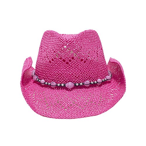 Vamuss Pink Straw Cowboy Hat for Women with Beaded Trim and Shapeable