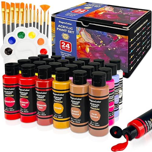 DagouColor 37 PCS Acrylic Paint - 24 Acrylic Colors (60ml) with 12 Brushes and 1 Palette, Art Gifts for Fabric Canvas, Stone, Acrylics for Painting for Beginner Artists